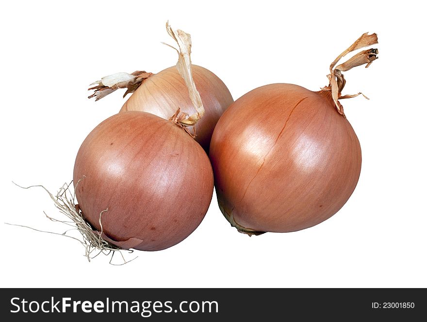 Three ripe onion isolated on white background