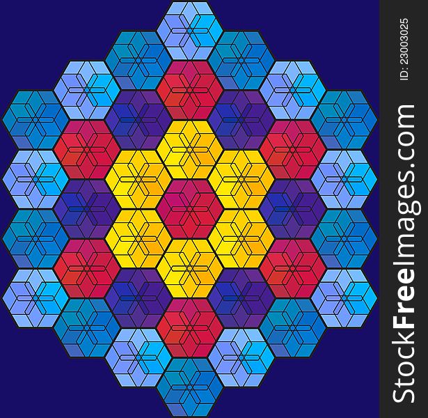 Colorful stained glass mosaic consists of intersecting hexagons