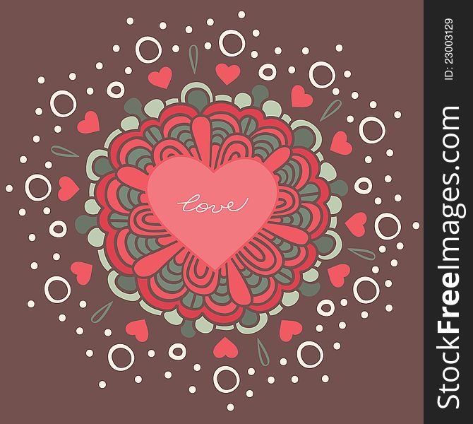 Greeting card, decorative flower with a heart in the middle. Greeting card, decorative flower with a heart in the middle