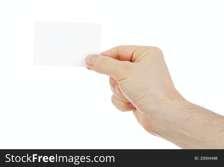 Hand holding empty business card isolated on white