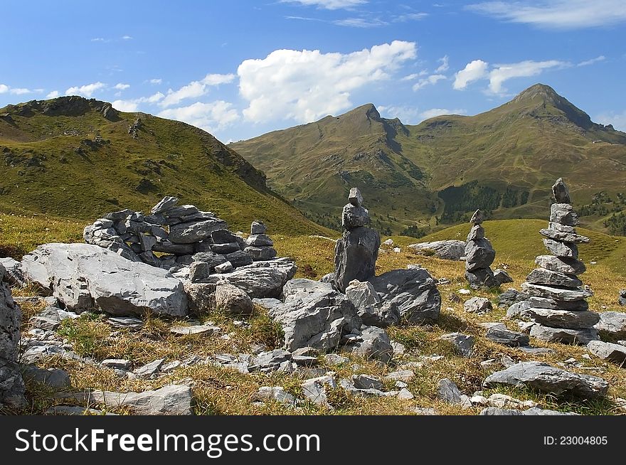 Towers of stones in the Swiss Alps. Towers of stones in the Swiss Alps