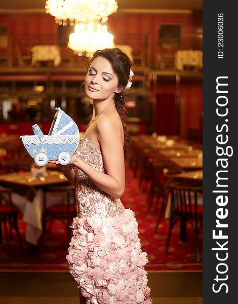 Bride wedding dress restaurant with perambulator