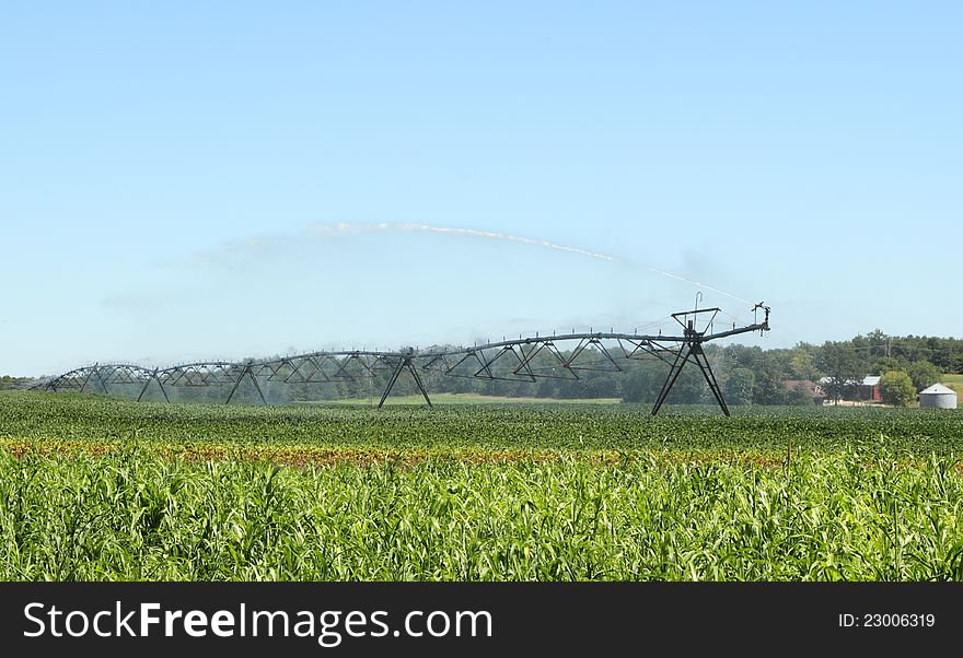 Irrigating a farm field of green soybeans. Irrigating a farm field of green soybeans