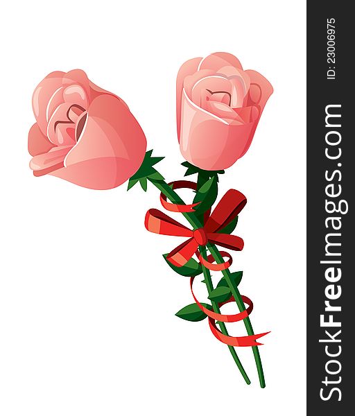 A couple of pink roses with red ribbon around them. Isolated on white background.