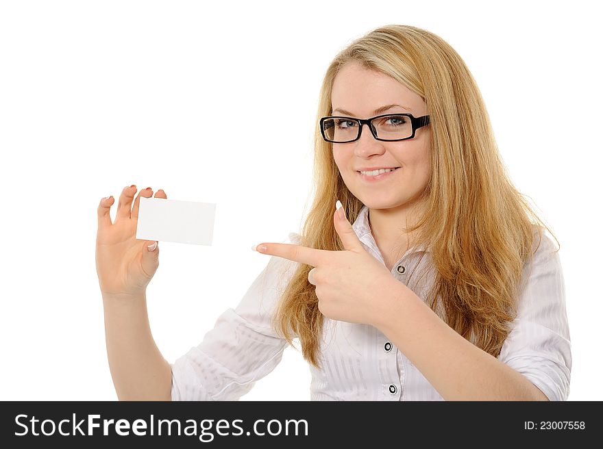 Young woman holding empty white board. On a white background