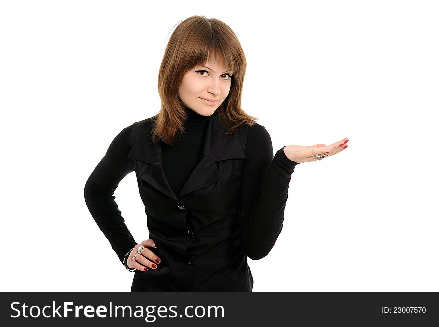 Business woman presenting something imaginary over white. Business woman presenting something imaginary over white