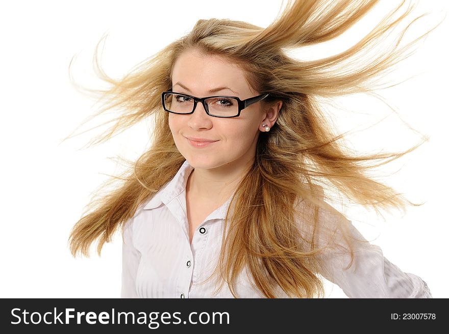 Girl with hair fluttering in the wind