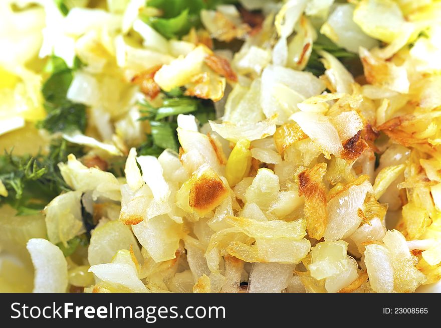 Salad with fried onion, rice and greens. Salad with fried onion, rice and greens