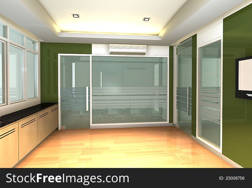 Empty interior for modern business office with green wall.