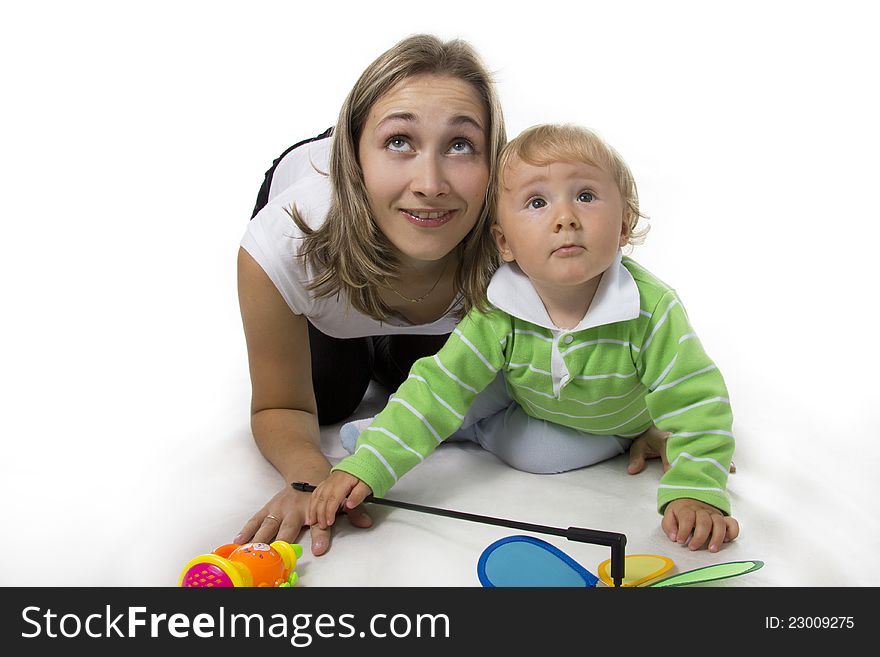 Mother And  Son  On White.