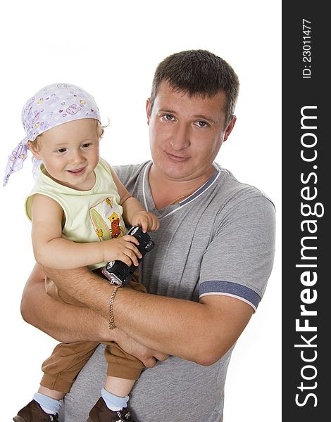 Father and son cheerfully talk. On a white background. Father and son cheerfully talk. On a white background.