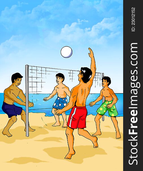 Illustration of people playing beach volleyball. Illustration of people playing beach volleyball