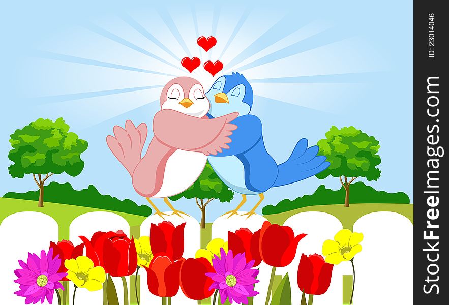 Two cute love birds sitting on fence. Valentine's scene.