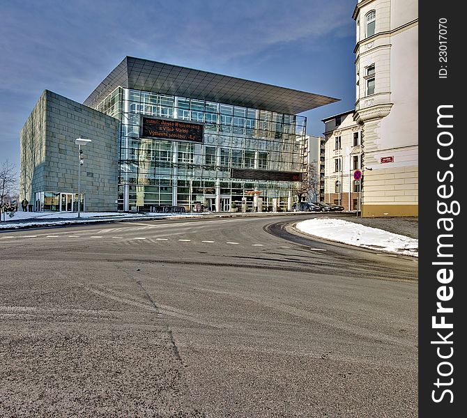 The modern public library and the Jewish synagogue in Liberec, Czech Republic