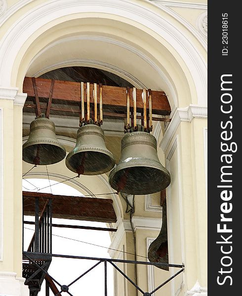 Three bells in the belfry in anticipation of service. Three bells in the belfry in anticipation of service