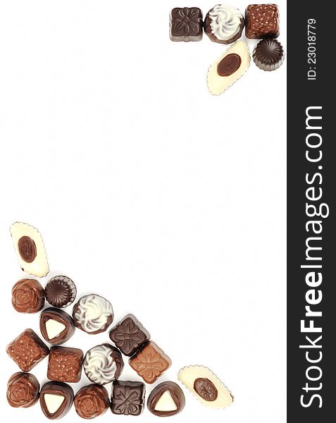 Chocolat assortment frame on a white background. Chocolat assortment frame on a white background