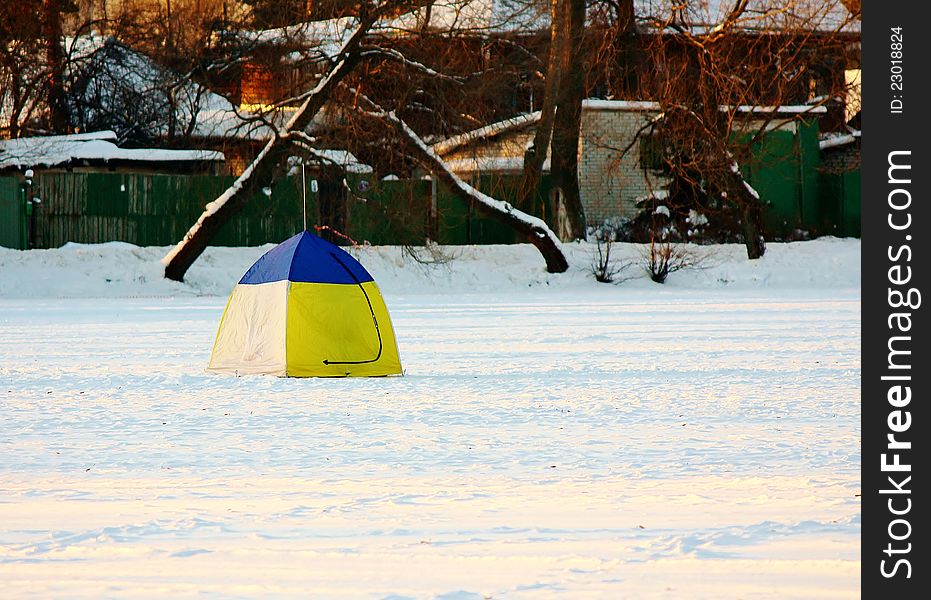 Tent of fisherman on lake in winter. Tent of fisherman on lake in winter