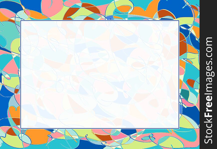 Frame with orange, blue, turquoise, yellow, rose and white irregular pattern around luminous center. Frame with orange, blue, turquoise, yellow, rose and white irregular pattern around luminous center