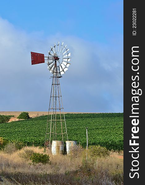 Landscape of water pump windmill on cattle farm westerncape south africa