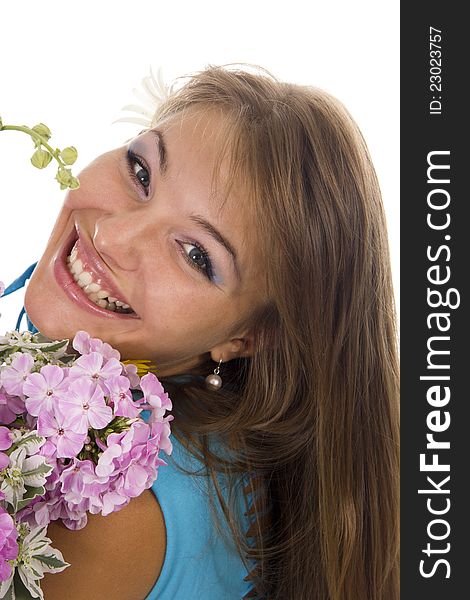 Beautiful girl holds a bunch of flowers, isolated. Beautiful girl holds a bunch of flowers, isolated