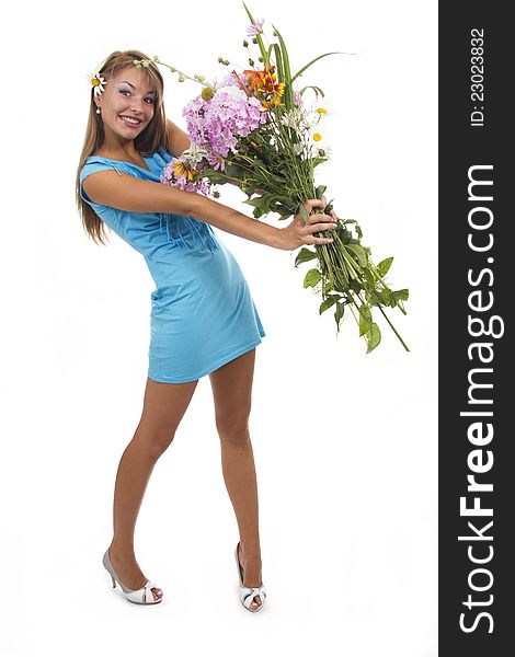 Beautiful girl holds a bunch of flowers, isolated. Beautiful girl holds a bunch of flowers, isolated