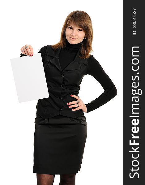 Woman holding empty white board a white background