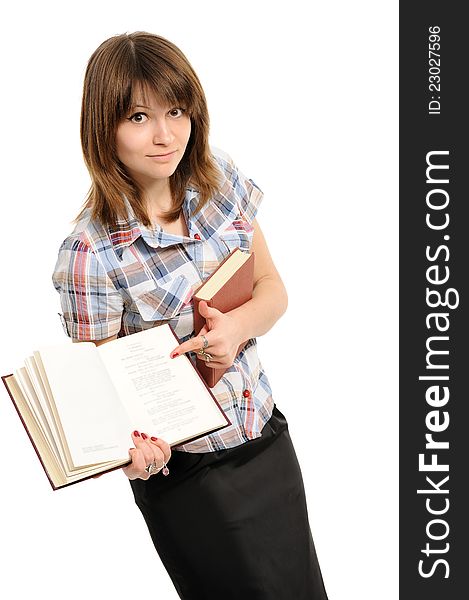 Girl shows in the book on a white background. Girl shows in the book on a white background