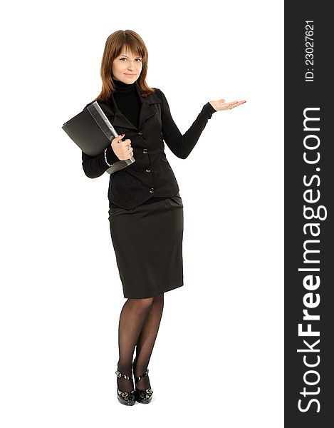 Business woman with a folder holding hand presenting a product. On a white background