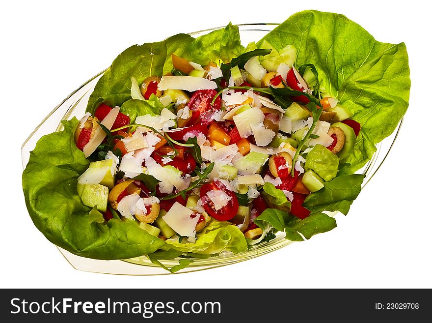 Fresh vegetarian salad in glass bowl isolated over white background. Fresh vegetarian salad in glass bowl isolated over white background.