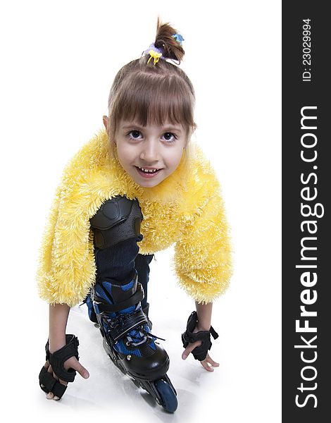 The little girl on roller skates. white