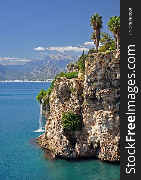 This waterfall timbles into the mediterranean sea near antalya in turkey. This waterfall timbles into the mediterranean sea near antalya in turkey