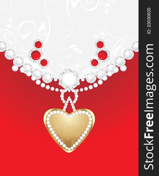 Heart with diamonds and strasses. Decorative background for jewelry design. Illustration