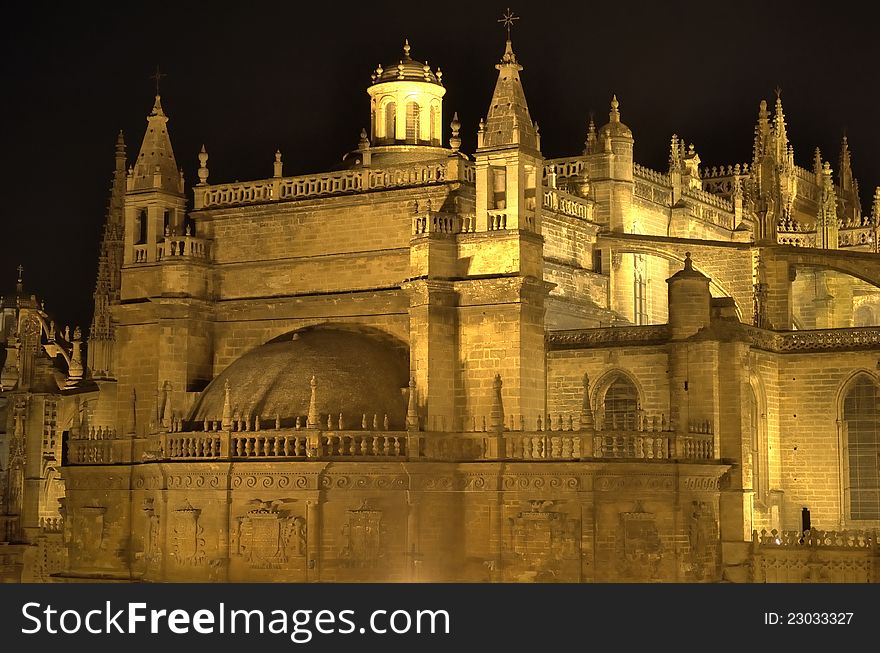 Cathedral in Seville, night-time illumination, Spain