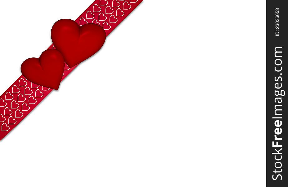 Red ribbon with hearts on white background with copyspace. Red ribbon with hearts on white background with copyspace.