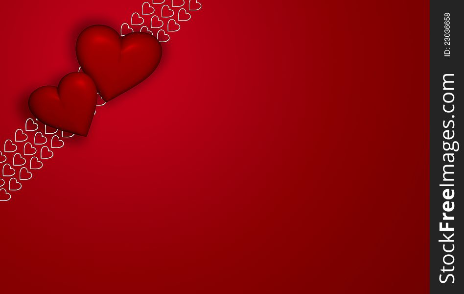 Two hearts and heart shaped ribbon on red background with copyspace. Two hearts and heart shaped ribbon on red background with copyspace.