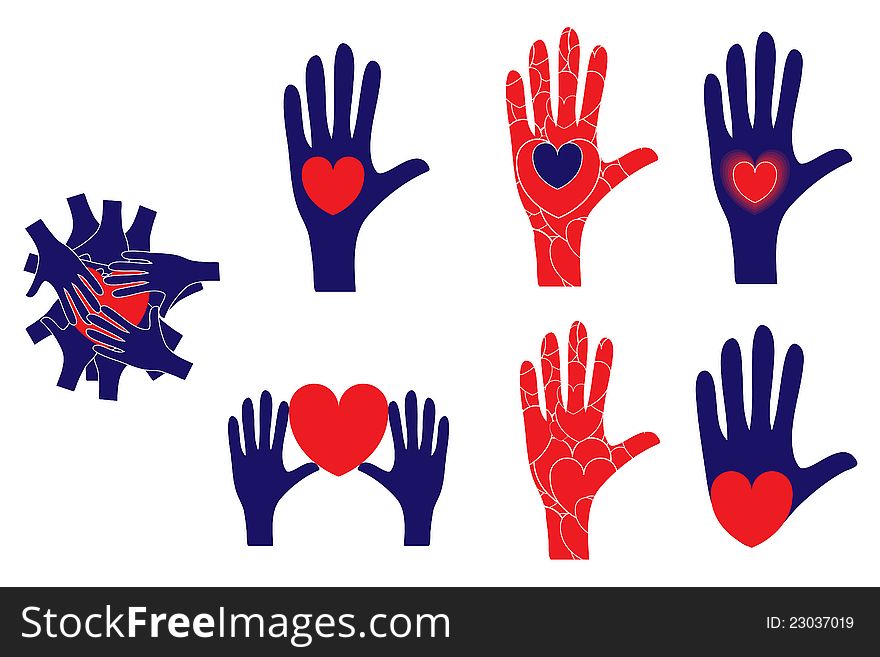 Hand and heart symbols showing various concepts of love, romance, protection, etc.