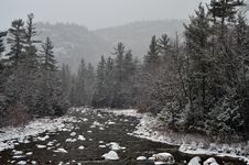 Winter First Snow Scenery With Mountain River Royalty Free Stock Images Winter First Snow Scenery With Mountain River Royalty Free Stock Images