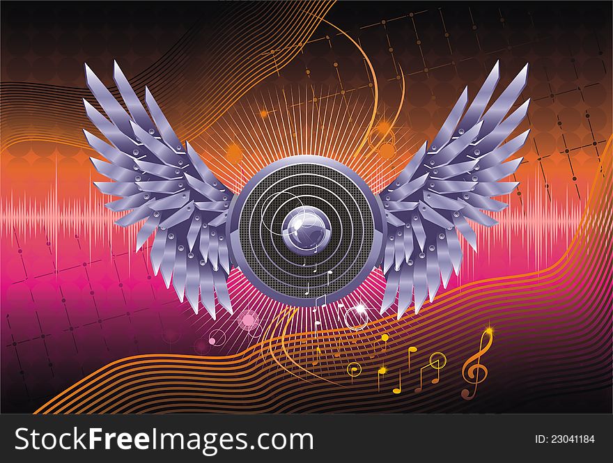 Abstract music background speaker metal wings notes