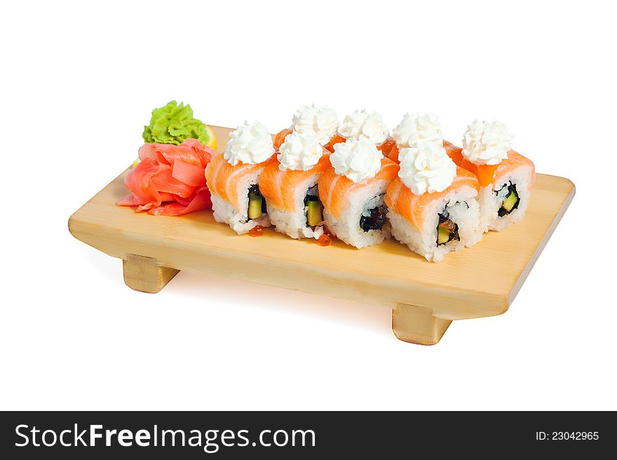 Asian food sushi on wooden plate  on white background