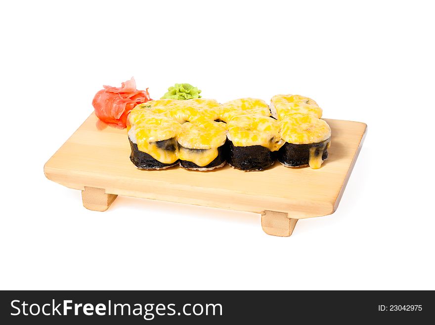 Asian Food Sushi On Wooden Plate