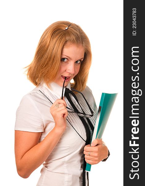 Business Woman Holding Green Folder Over White