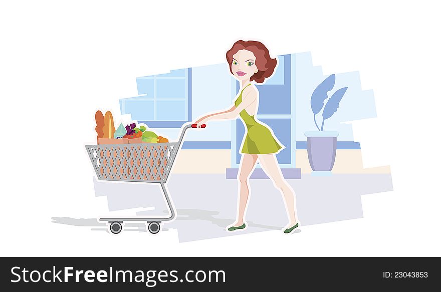 Young girl with a cart full of food. Young girl with a cart full of food