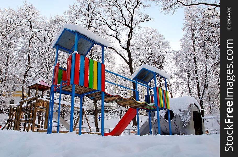 Kindergarten in winter, playground. Kindergarten in winter, playground.