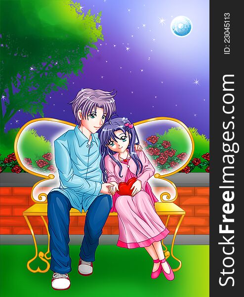 Cartoon illustration of a couple cuddling on a park bench
