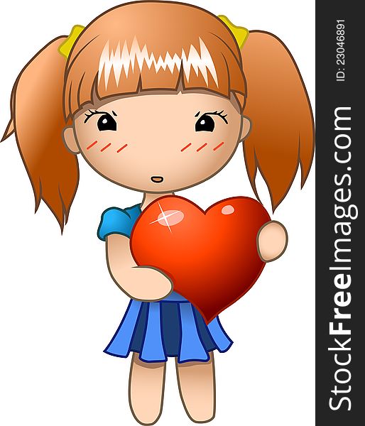 A girl with blush in anime chibi style holding a big red heart and watching at you. A girl with blush in anime chibi style holding a big red heart and watching at you.