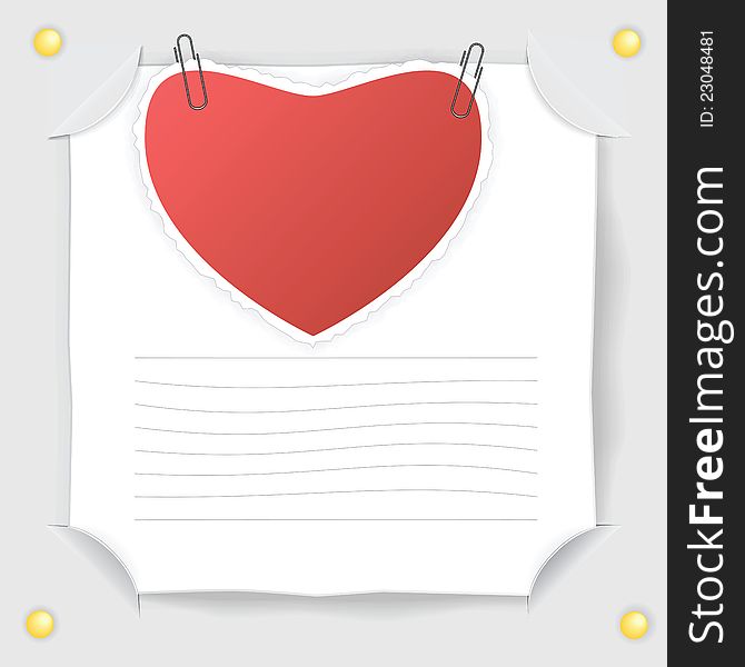 A large red heart, paper clips, buttons and a white sheet of paper. Vector illustration of Valentine's Day. A large red heart, paper clips, buttons and a white sheet of paper. Vector illustration of Valentine's Day.