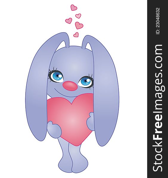 Funny rabbit with heart on a white background. Illustration