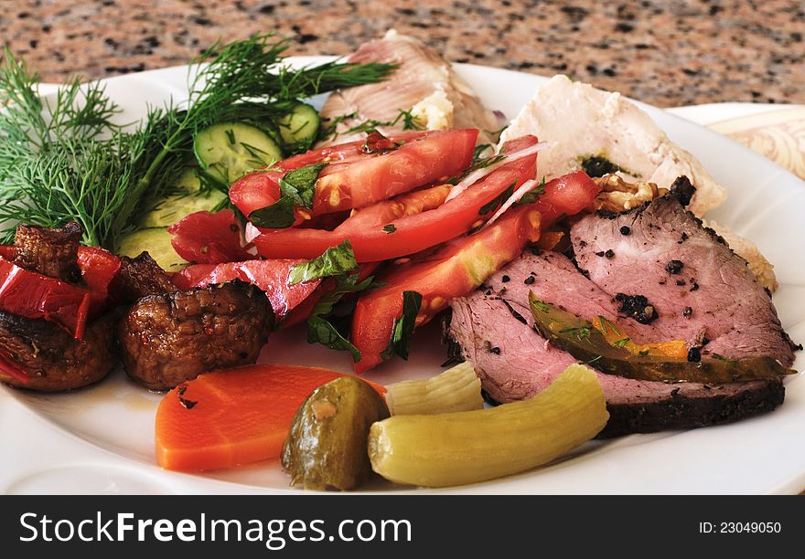 Fresh vegetables and cold meat assortment. Fresh vegetables and cold meat assortment
