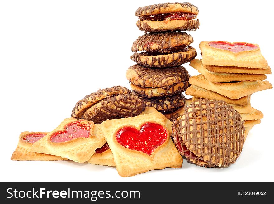 Chocolate Cookies and jelly red heart , on a white background