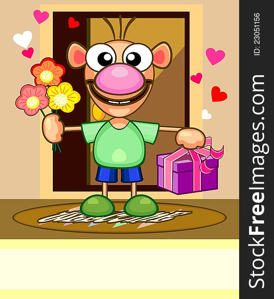 Cartoon card with funny man with flowers and gift